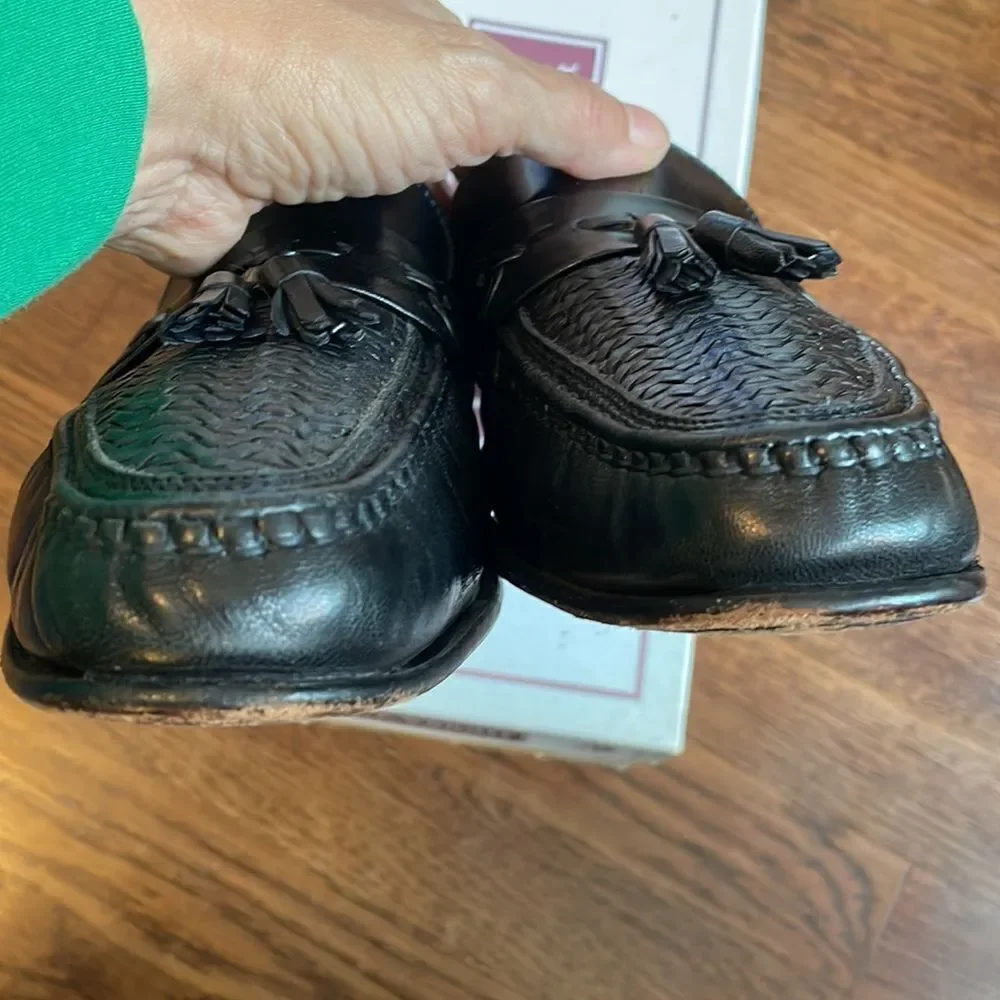 E.T. Wright Woven Vamp black leather slip on loafers‎ with tassels